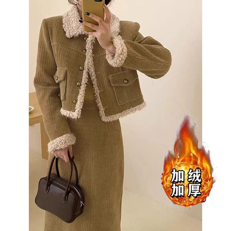 【清仓】加绒加厚小香风时尚套装新款高级感短外套半身裙两件套1676