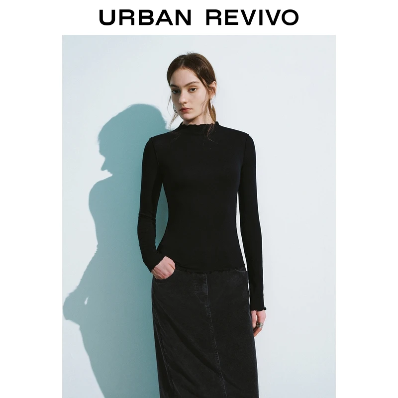【HOT】UR2025秋季新款女装休闲木耳边修身长袖T恤UWM450137