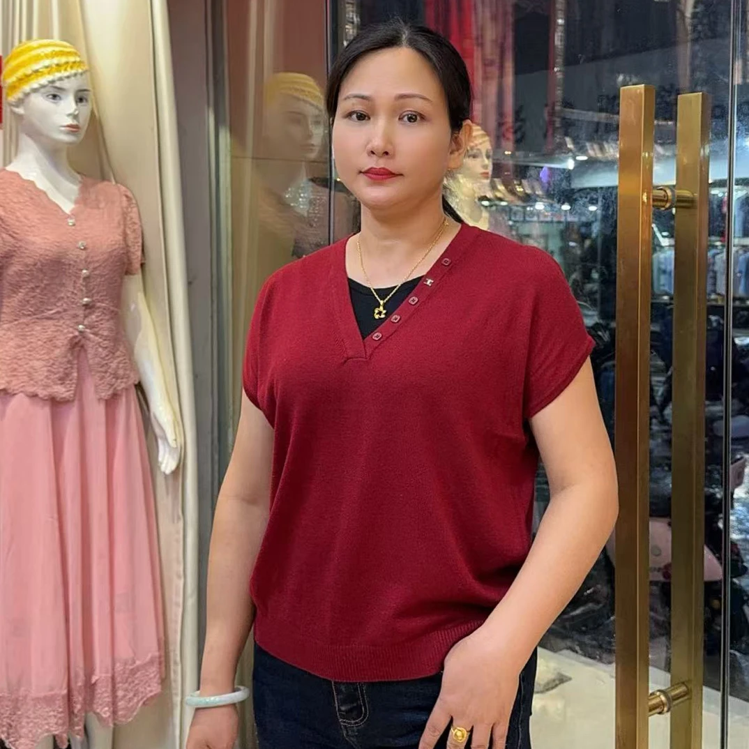 秋季夏季毛针织衫针织女宽松短袖针织衫大码圆领V领