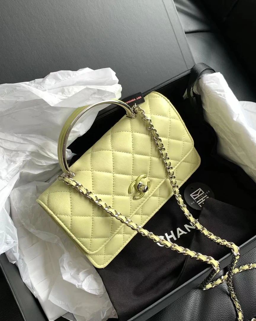 99新 Chanel/香奈儿 小鸡黄珐琅手柄kelly风琴包 19.5cm 16572457