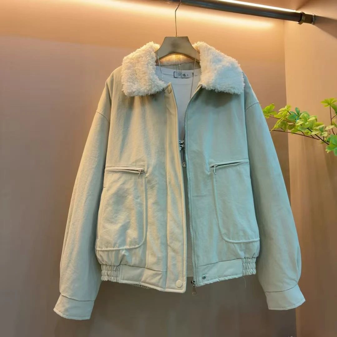 新款气质复古拼接毛领派克棉服宽松洋气显瘦棉外套（衣长70左右）