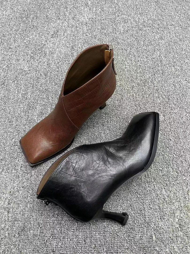 丽尔手工女鞋]7厘米秋冬防滑女士方头法式2025感精致洋气气质短靴