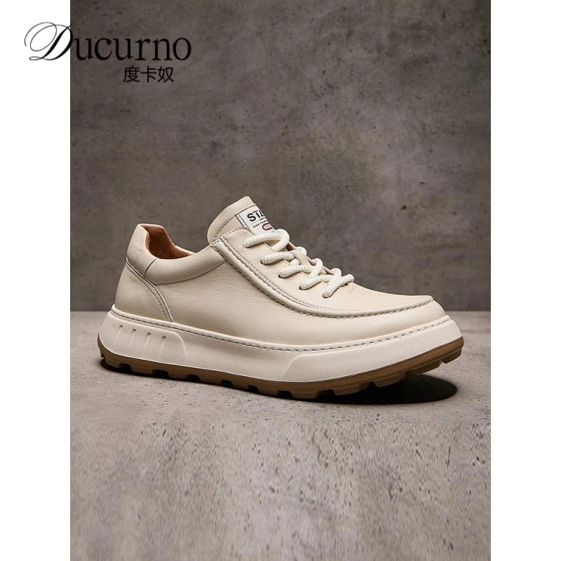 2025夏季新款男鞋高端透气时尚百搭小白鞋增高牛皮透气厚底男板鞋