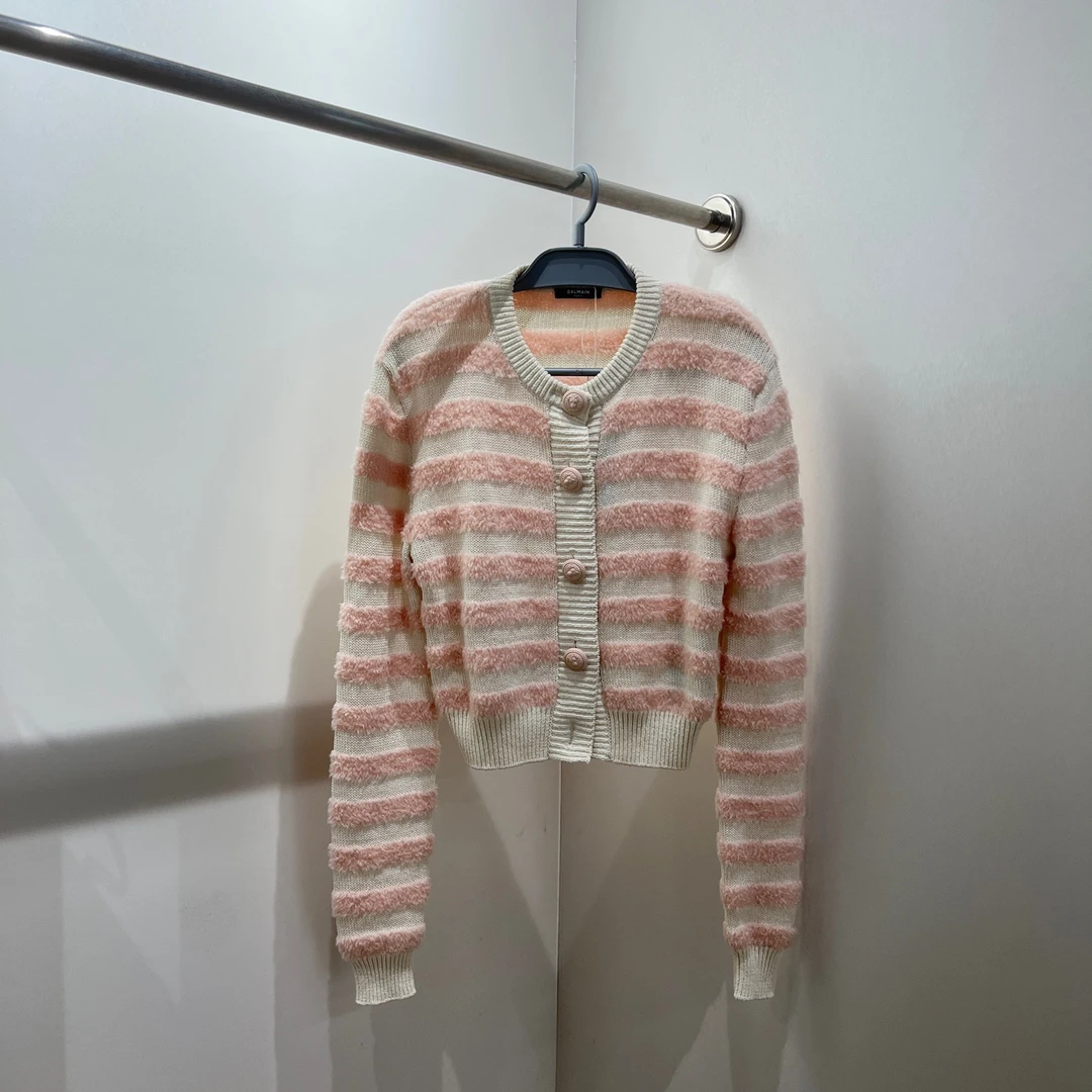 99新 BALMAIN/巴尔曼 tob236 粉白条纹针织开衫 38码 羊毛