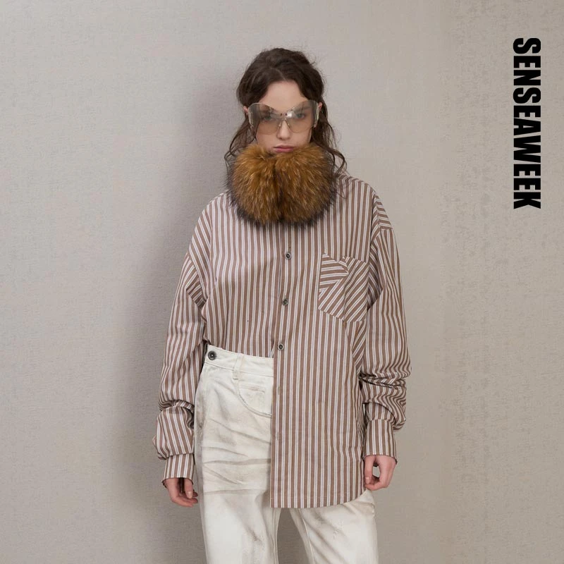 SENSEAWEEK25秋季新品纯棉低调复古感上衣条纹捏褶口袋金属扣衬衫