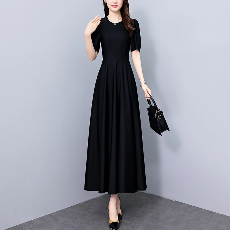 有口袋黑色连衣裙女夏季新款长款修身显瘦大码遮肚子洋气小黑裙子