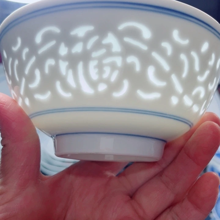 青花玲珑5寸饭碗满雕双福双线