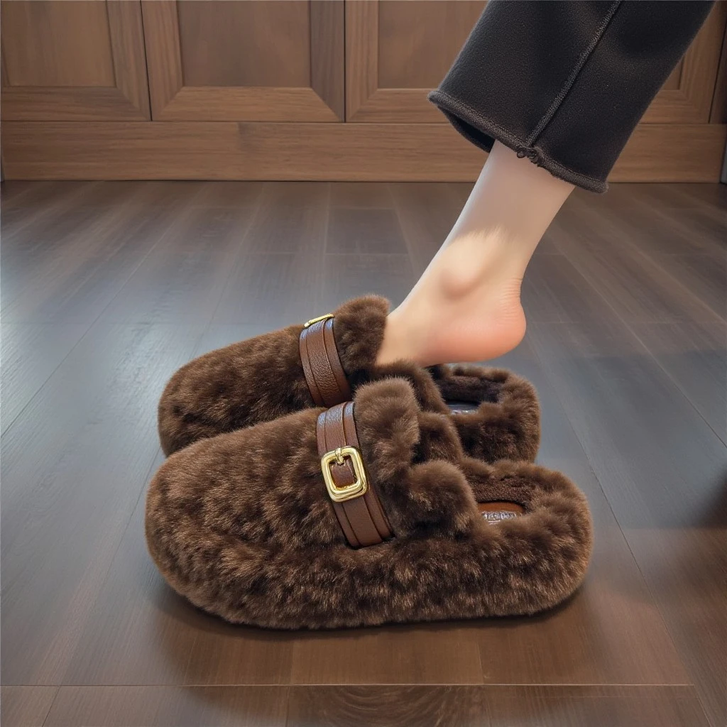 【羊羔绒】棕色厚底毛毛拖鞋女2025年冬季新款加绒保暖一脚蹬棉拖