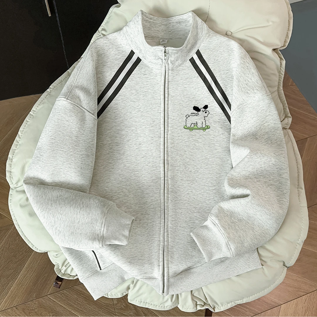 美式简约滑板小狗印花拼接条纹立领卫衣男女秋冬季宽松开衫外套潮