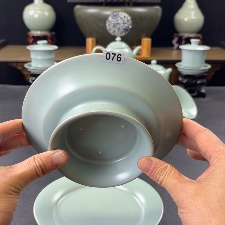杯仿古釉汝官窑供盘一对076号微瑕捡漏