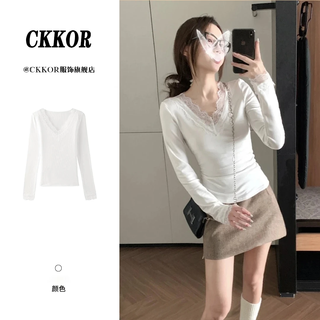 春秋新款气质独特修身内搭长袖T恤纯欲性感蕾丝花边V领镂空上衣女