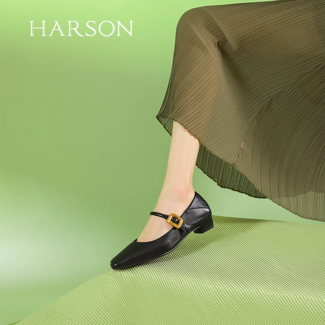 2025舒适粗跟金属真皮女鞋春秋方头玛丽珍鞋浅口女单鞋 HWS240201