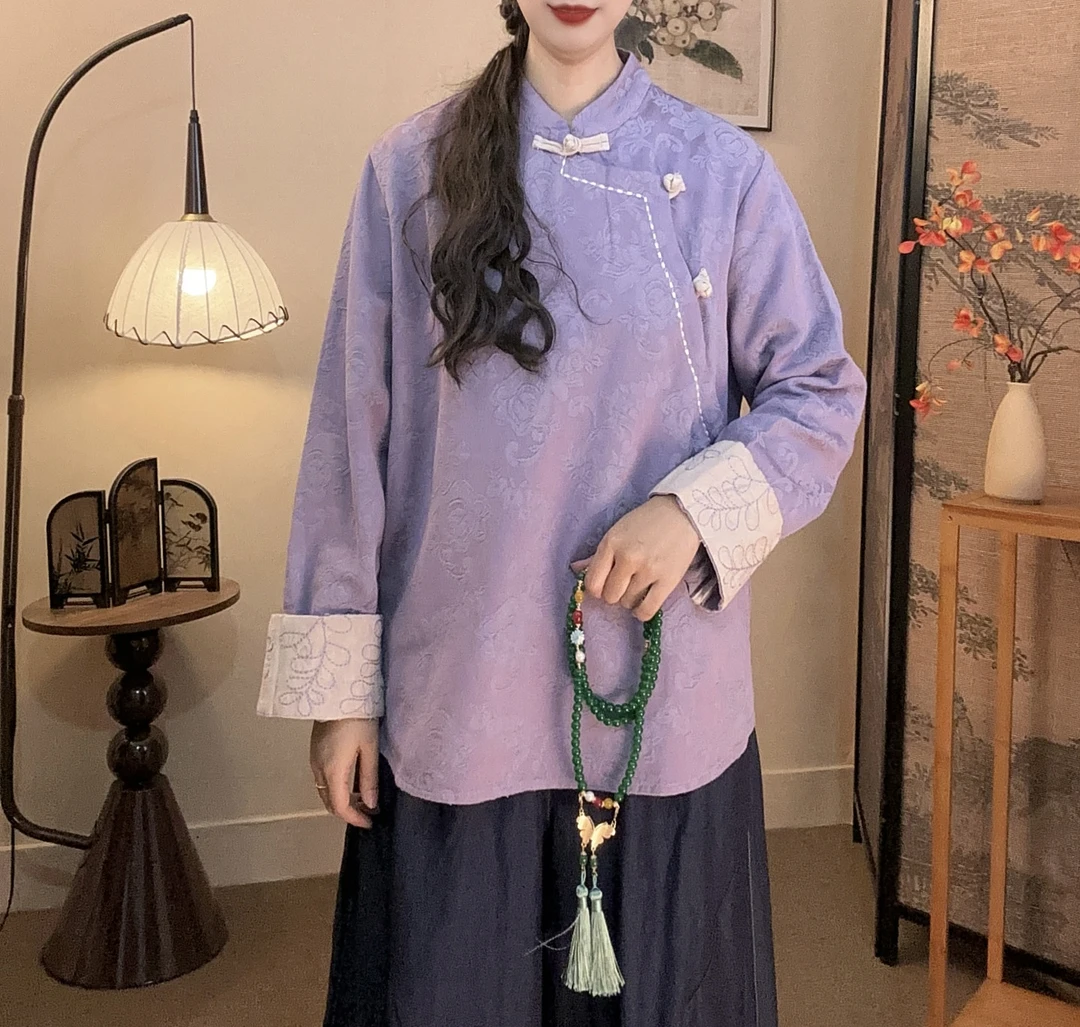 【落秋】提花常规款刺绣秋款棉麻斜襟气质时尚新中式上衣839