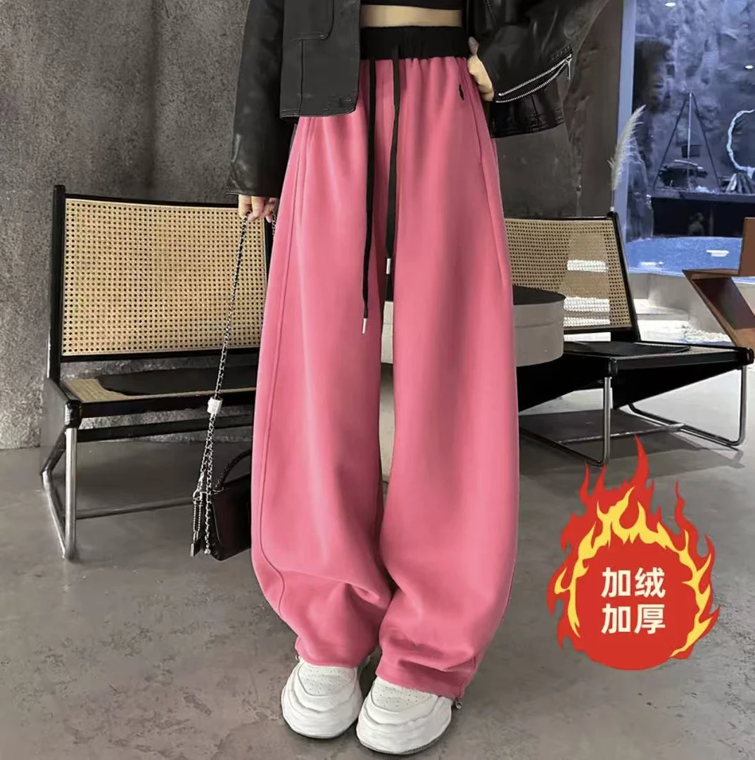 2025韩版网红秋冬加绒爆款弯刀裤休闲卫裤刺绣保暖长高腰阔腿裤