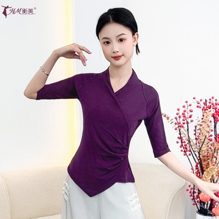 古典舞新款练功服女上衣不规则捏褶收腰显瘦现代舞交叉v领舞服装