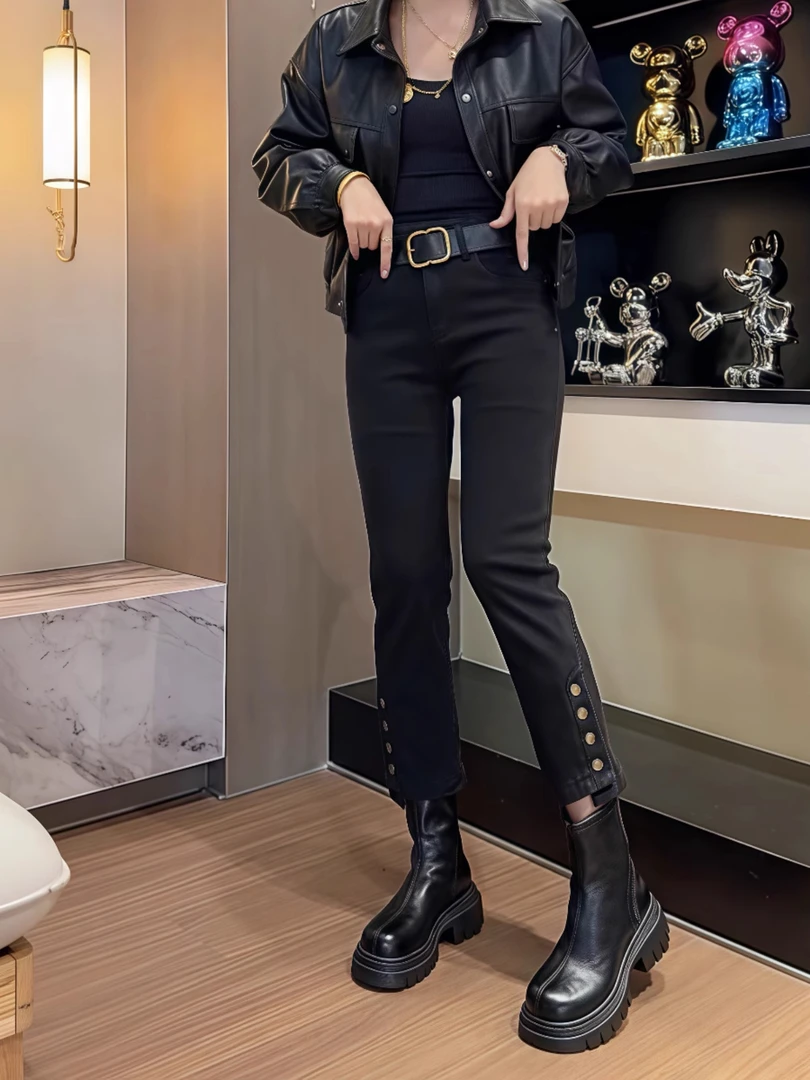 加绒牛仔烟管裤女2024秋冬新款大码胖妹妹显瘦百搭加厚九分直筒裤