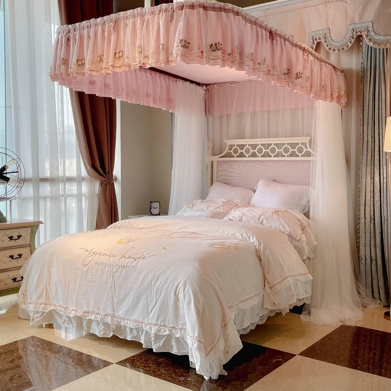 新款u型导轨蚊帐1.8m家用2米公主风三开门加厚双轨道拉绳升降支架