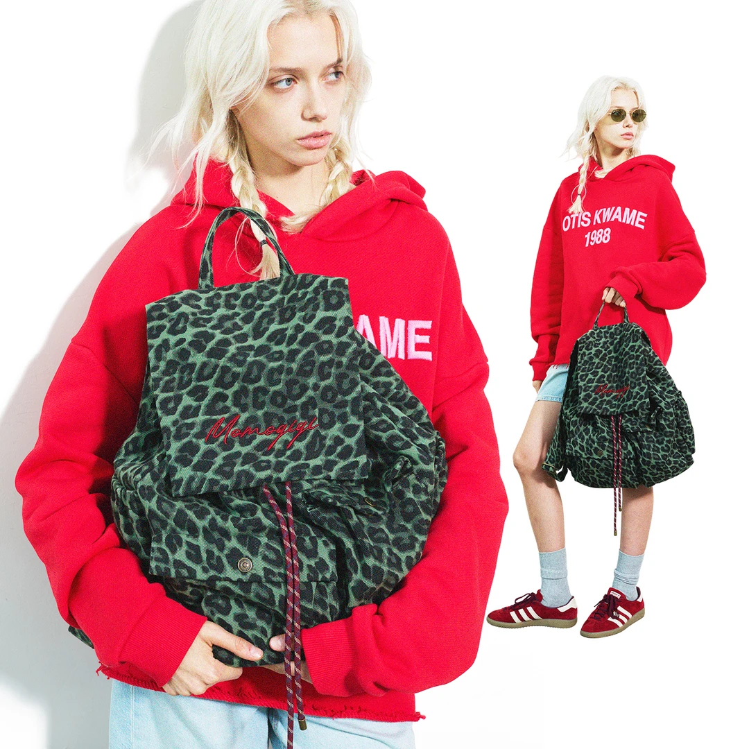 Momogigi叛逆少年 原创设计复古豹纹帆布大容量双肩包情侣背包新