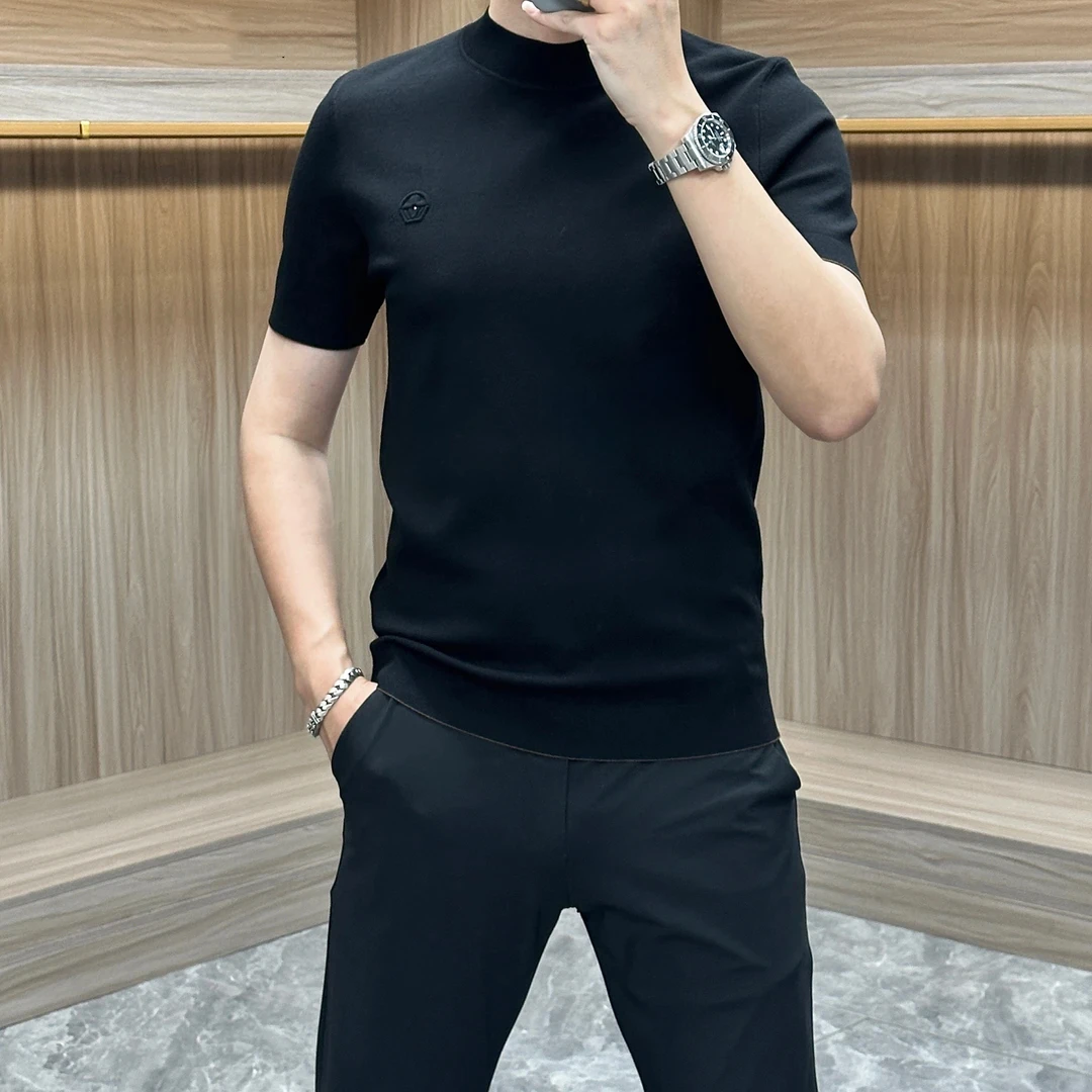 早秋款男短袖针织衫轻奢修身休闲圆领纯色刺绣简约百搭打底衫