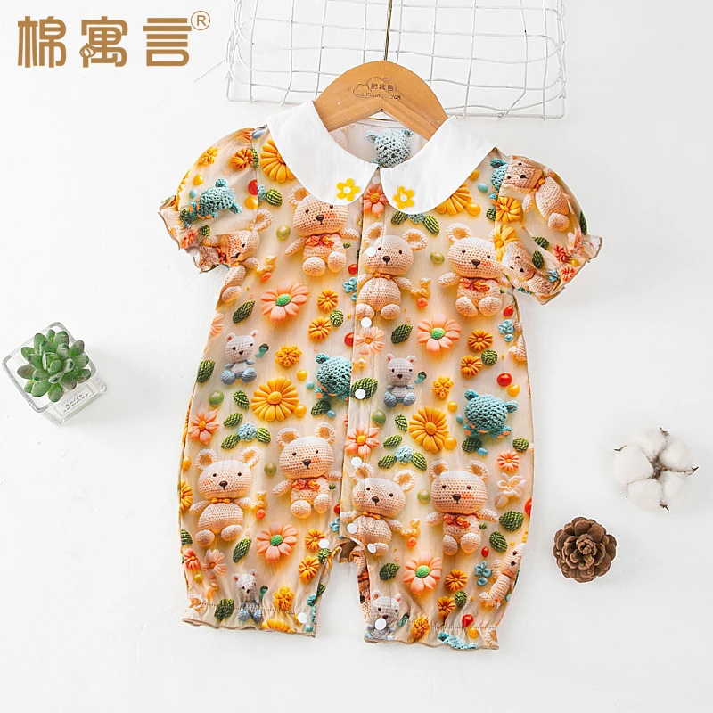 婴儿衣服女宝宝哈衣夏季洋气3D立体印花短袖翻领爬服新生儿连体衣