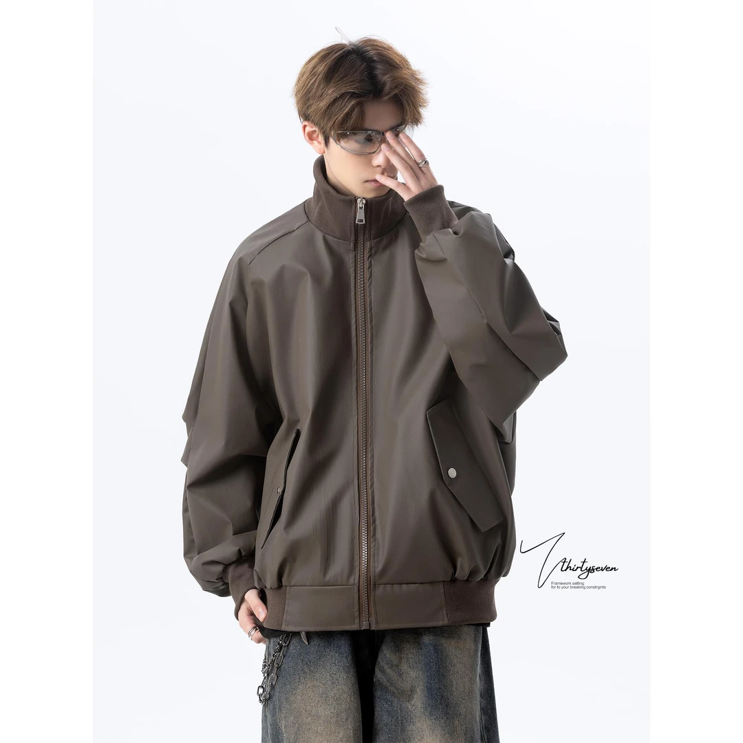 美式咖色机车皮衣夹克男秋高级感痞帅飞行外套潮牌宽松立领棒球服