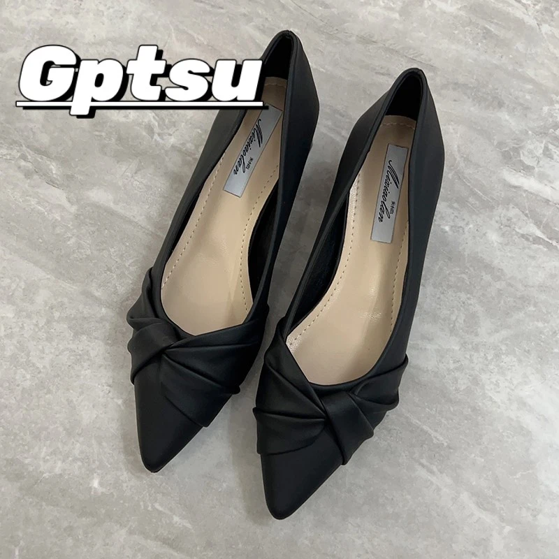 GPTSu尖头粗跟单鞋女春秋新款浅口鞋中跟法式小香风黑色工作瓢鞋