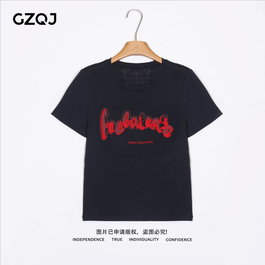 GZQJ 【林深不语】欧若风时尚减龄刺绣字母圆领短袖T恤女 9959