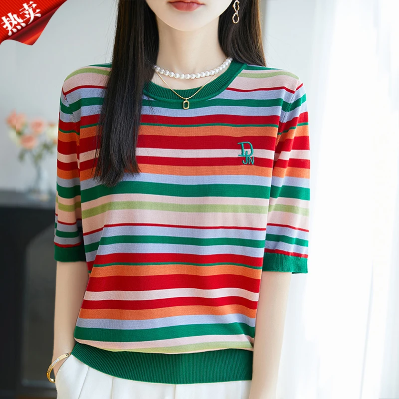 2025夏季新款哥弟阿玛施正品通勤简约撞色条纹圆领针织衫薄款百搭