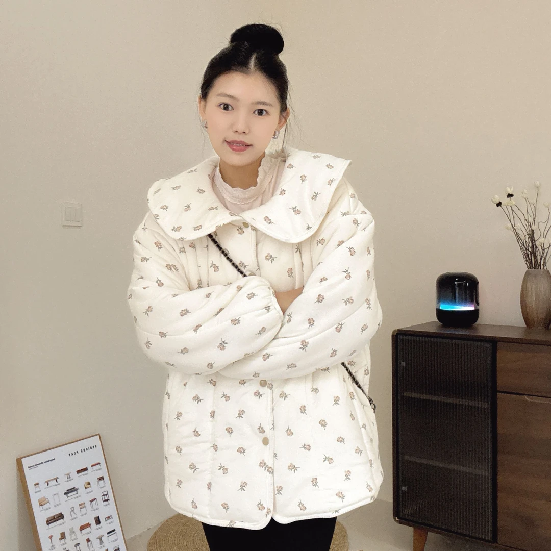 【提花玫瑰】300g娃娃领半大款棉花衣宽松家居服冬季女保暖棉衣棉服
