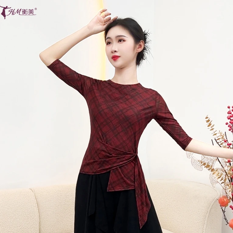 夏季新款古典舞服不规则修身绑带网格成人打底衫上衣现代舞形体服