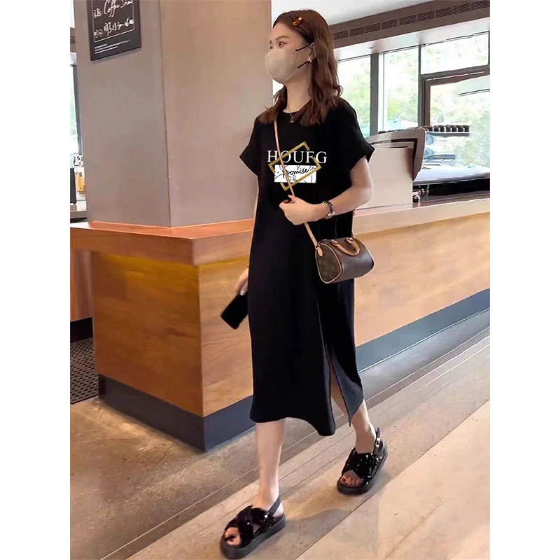 设计感小飞袖T恤长裙女2025新款宽松休闲大码开叉黑色连衣裙夏季