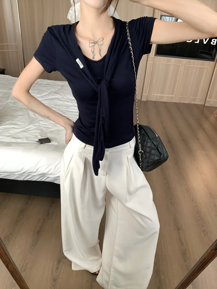 慵懒风设计感小众正肩V领海军领短袖t恤女装夏季新款修身显瘦上衣