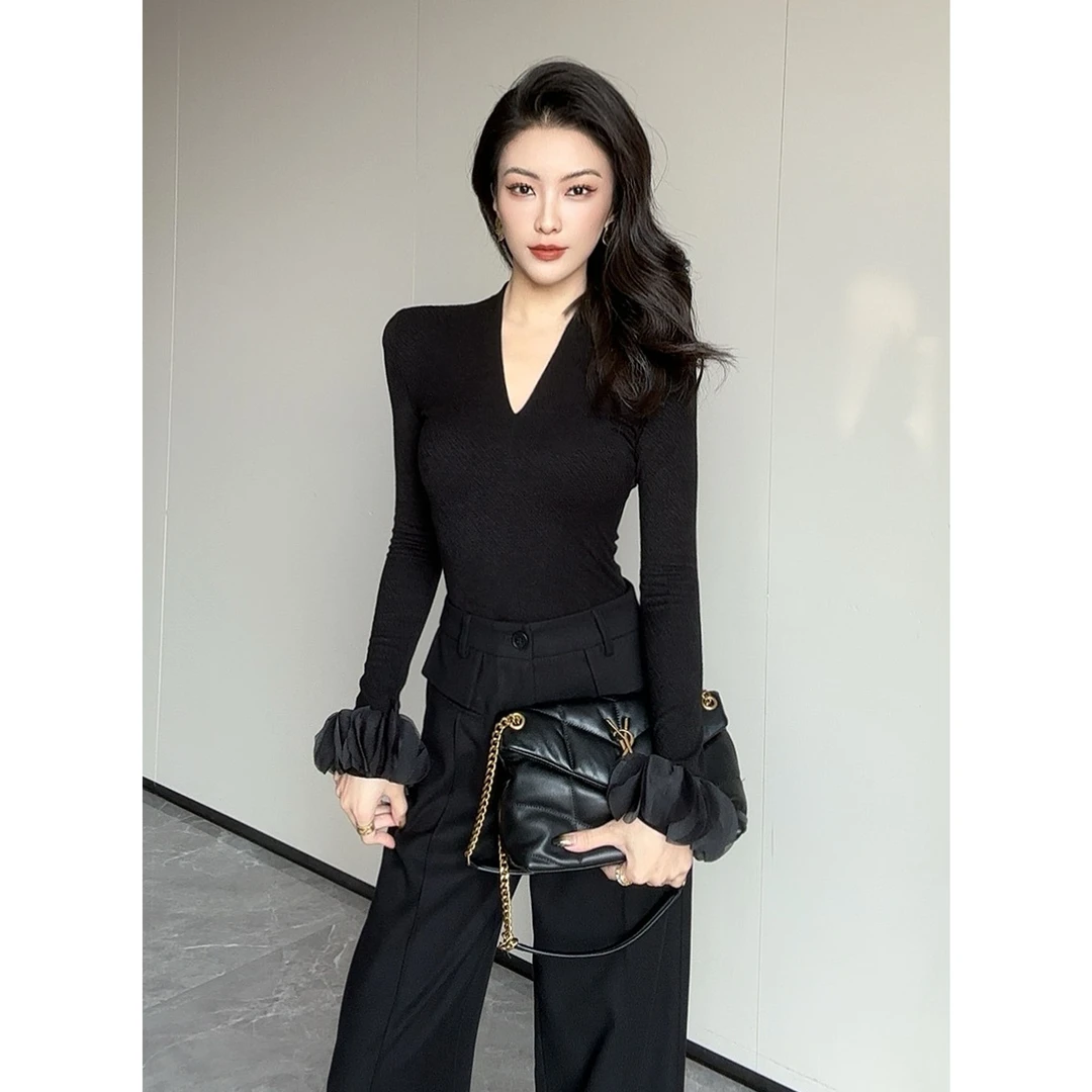 JIJINQI时尚修身百搭气质秋冬v领短款设计感长袖针织 JC11SZPT676