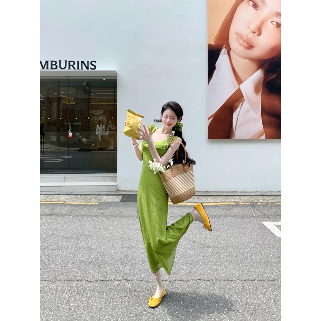 【雅乔定制】森林雨露 法式U领荷叶边绿色碎花连衣裙DYLL-25046739