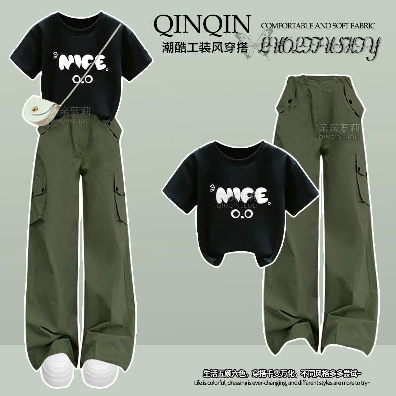 女童夏季工装裤套装2025新款中大童短袖T恤夏装薄款青少年阔腿裤