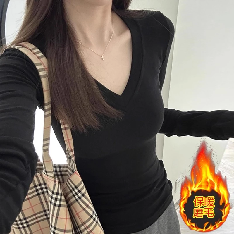 大码200斤胖mm保暖磨毛v领长袖打底t恤女秋冬季新款紧身显瘦上衣