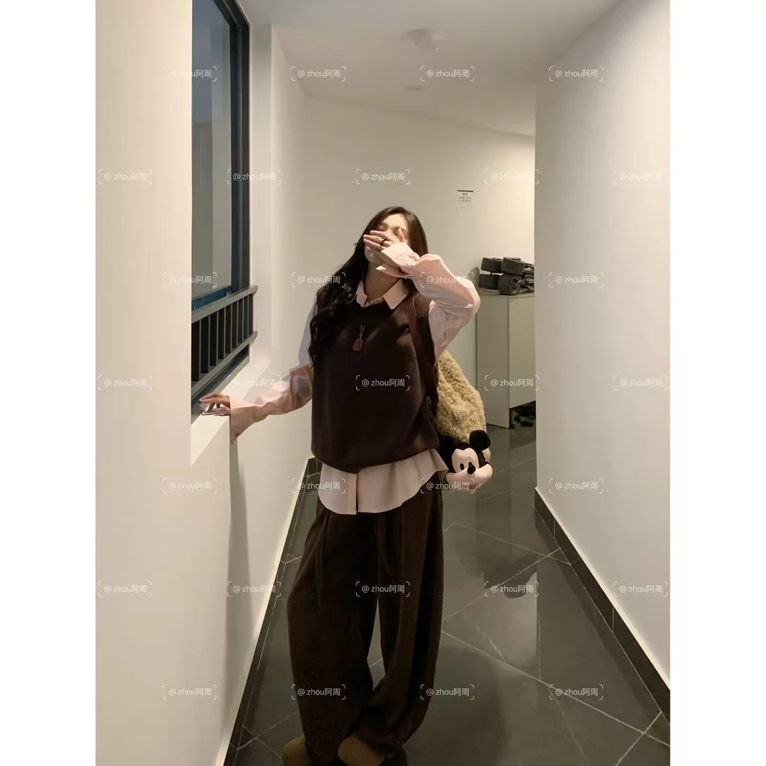 韩系复古美拉德慵懒学院风两件套装女秋冬季长袖衬衫叠穿针织马甲