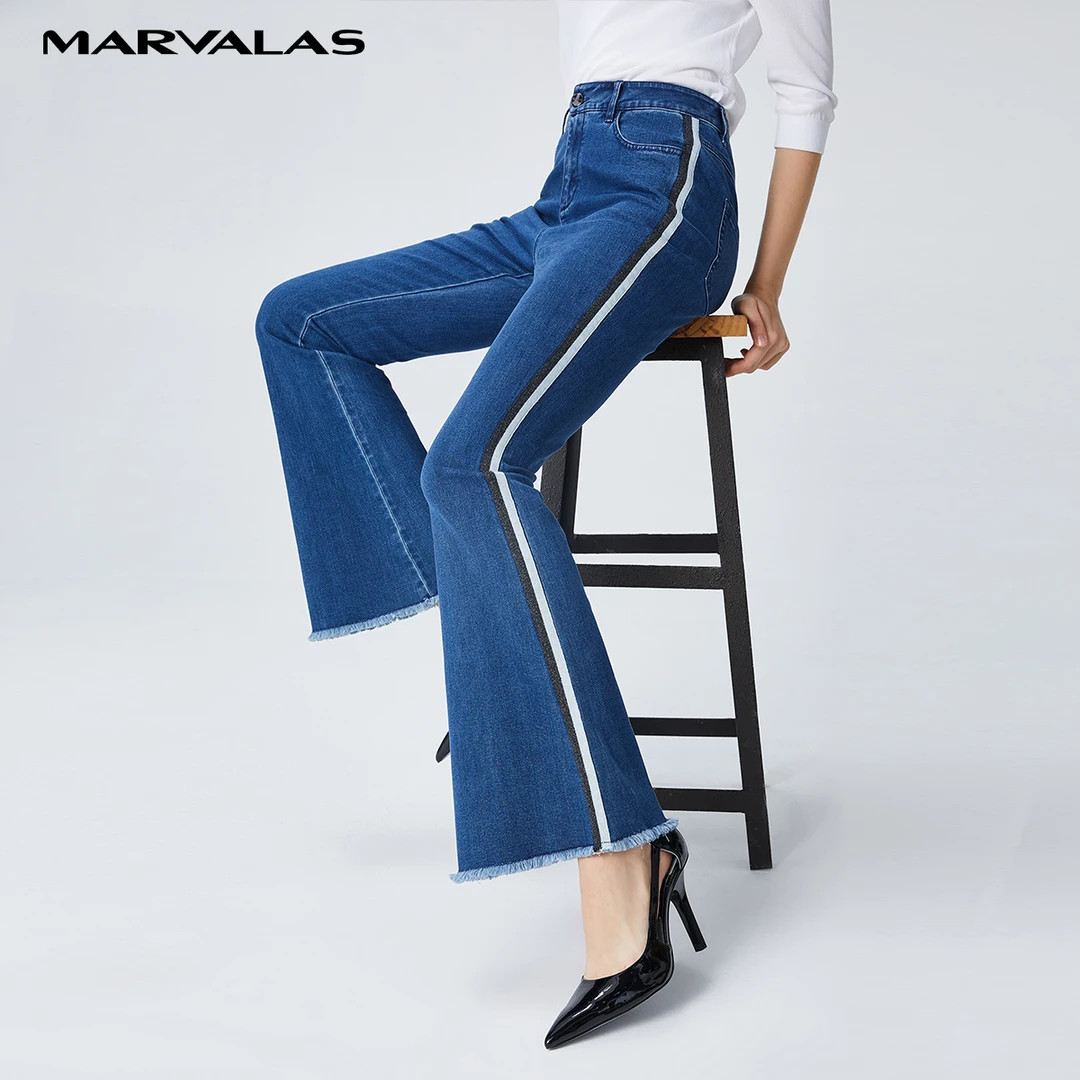 【众心专属】长裤女夏季蓝色高腰微喇牛仔裤复古水百搭休闲裤
