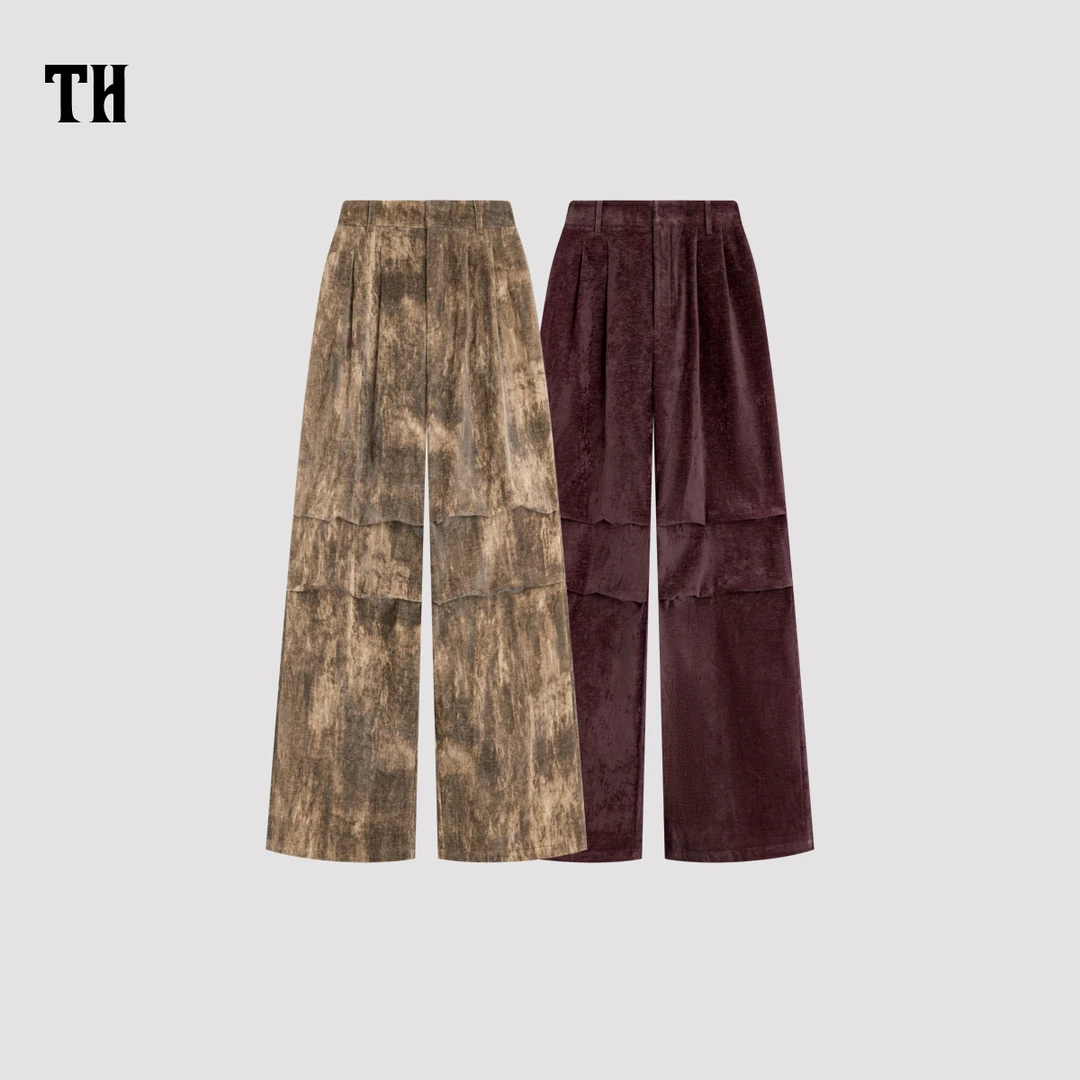 美式复古侧边压褶土染工艺绒面阔腿休闲裤 TH243XZ0101
