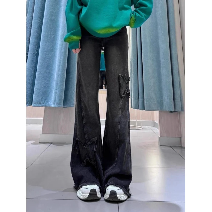 高腰开叉藏蓝色裤子百搭喇叭裤牛仔裤tenniscore秋季春秋显瘦直筒