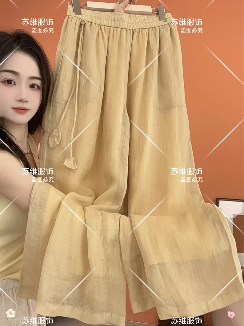1911苎麻刺绣双层设计文艺宽松女夏季阔腿休闲裤松紧腰系带
