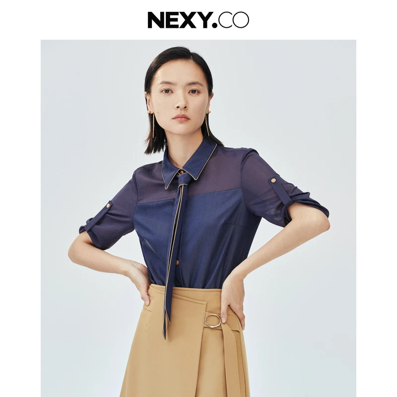 NEXY.CO/奈蔻上衣气质蓝色时尚休闲女士条纹通勤撞色XD02033Q5