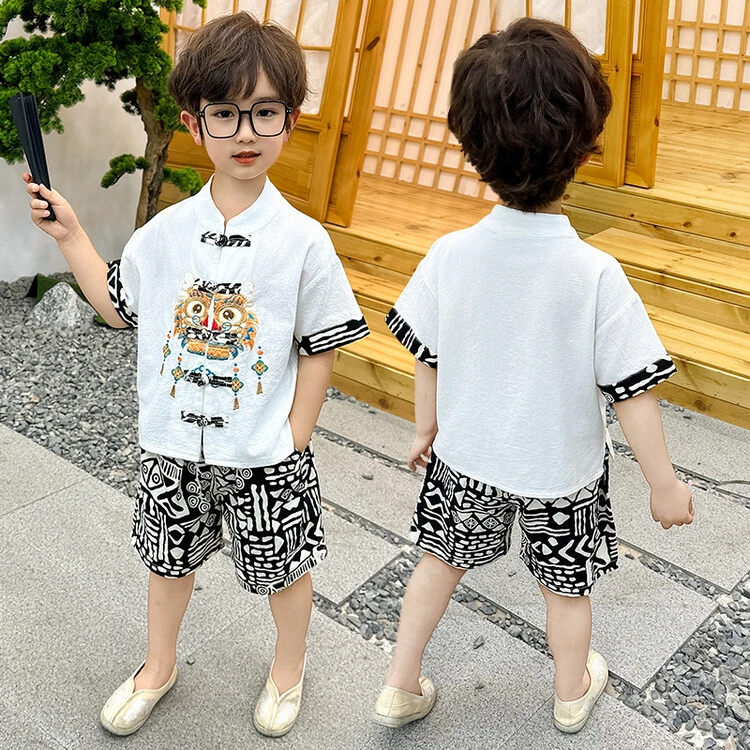 儿童夏季短袖套装中小童男宝宝洋气国风衣服民族风刺绣盘扣两件套