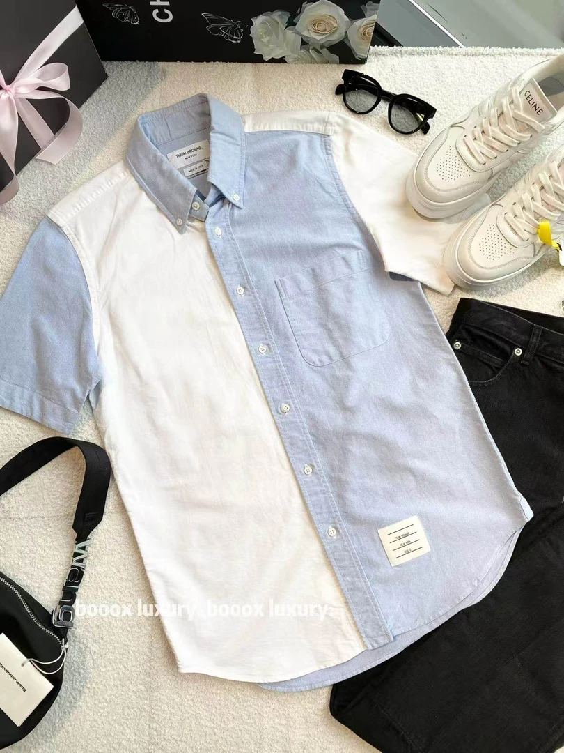 95新 THOMBROWNE xw191 棉 蓝白撞色拼接翻领短袖衬衫 0码