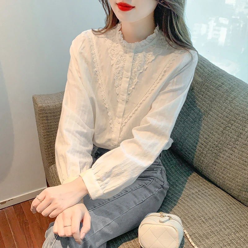 （棉）立领蕾丝边拼接棉布法式小衫上衣女2025春季新款百搭衬衫女