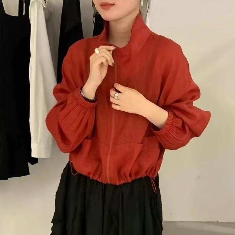 韩系立领抽绳拉链百搭长袖防晒衣女2025春季款简约宽松显瘦薄外套