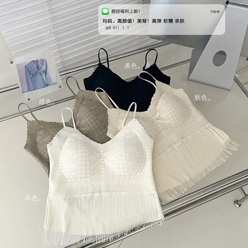 性感法式蕾丝流苏吊带背心带胸垫女内搭外穿美背上衣抹胸打底内衣