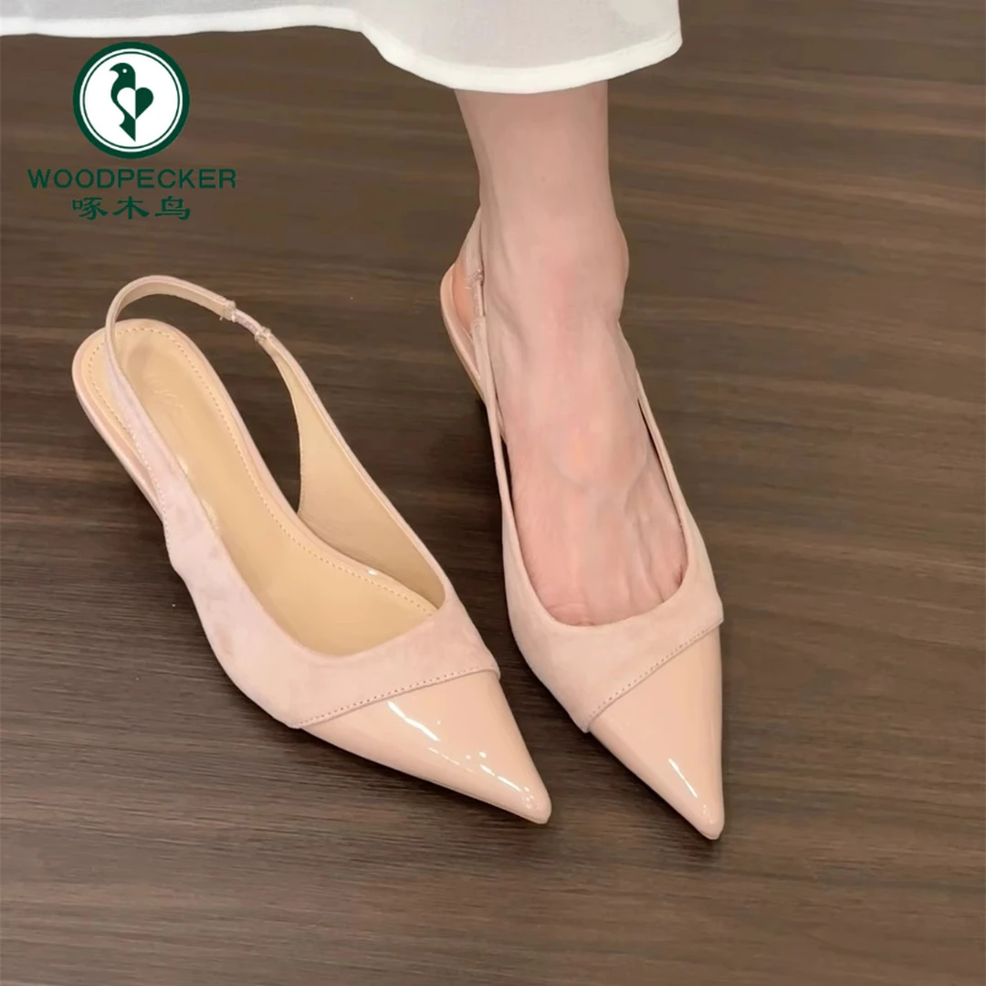 啄木鸟尖头高跟鞋粉色包头凉鞋女2025年新款夏季法式气质拼接单鞋