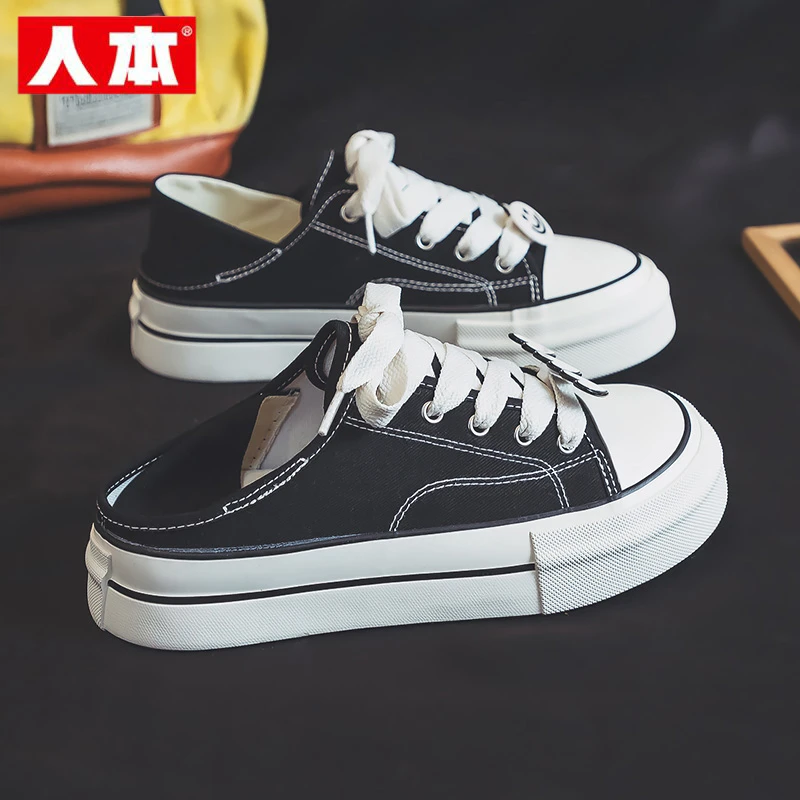 人本半托帆布鞋女2025秋季新款踩后跟厚底板鞋子百搭透气外穿拖鞋