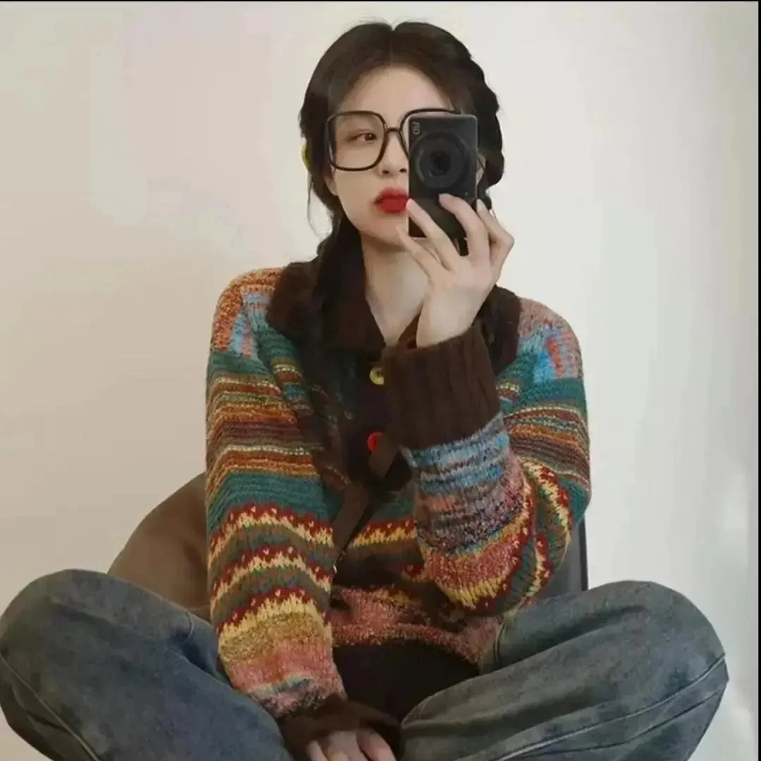 韩版费尔岛秋冬毛衣慵懒高级彩色条纹美拉德宽松显瘦复古针织上衣